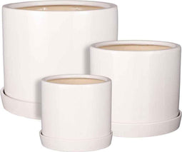 Mica Decorations Milan Pot Met Schotel - H26 x Ø31,5 cm - Set van 3 - Keramiek - Wit