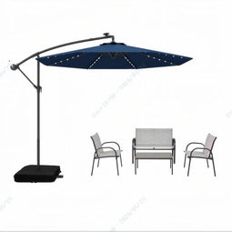 5-delige Tuinset met 3 m Zweefparasol en LED Verlichting - Blauw/Grijs