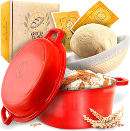 KRUSTENZAUBER Potbrood bakken - Gietijzeren broodbakpan 26 cm met deksel - Inclusief gistingsmand - Licht Rood