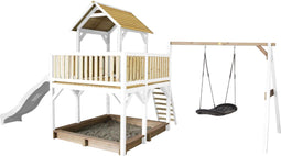 AXI Atka Speeltoestel in Bruin/Wit - Speeltoren met Roxy Nestschommel, Witte Glijbaan en Zandbak - FSC hout - Speelhuis op palen voor de tuin