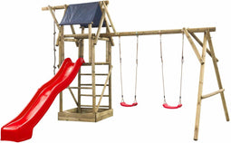 Houten Speeltoestel Niels (SwingKing) | Speeltoren met Glijbaan en Dubbele Schommel voor Buiten in de Tuin | FSC Hout - Glijbaan Rood