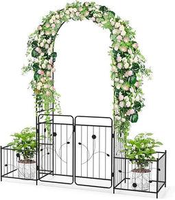GOPLUS Rozenboog Metalen Poortboog met Deuren en Plantenbakken Klimhulp voor Klimplanten 202 x 50 x