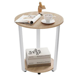 Woltu Ronde Salontafel BTS13hei - Licht Eikenhout - 50x53x50 cm - Met 2 Opbergrekken - Stabiele
