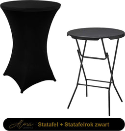 1x Zwarte Statafel + Zwarte Statafelrok x 1 – ø80 cm x 110 cm hoog – Cocktailtafel – Hoge staan tafel – Breed Blad – Inclusief zwarte Statafelhoes – Staantafelrok Stretch R