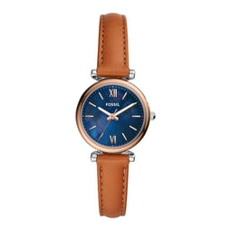 Fossil Carlie Mini - Dameshorloge 28 mm - Bruine leren band - Blauw parelmoer (1 stuk)