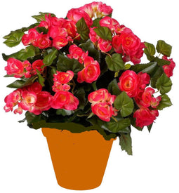 Donkerroze Begonia kunstplant met bloemen 37 cm in terracotta pot - Kunstplanten/nepplanten - Voor binnen