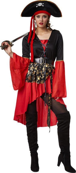 dressforfun - Vrouwenkostuum piratenkoningin XL - Jurk met veter en hoed - zwart / rood