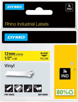 DYMO Rhino - Vinyl Labels - 12 mm x 5,5 m - Zwart op Geel