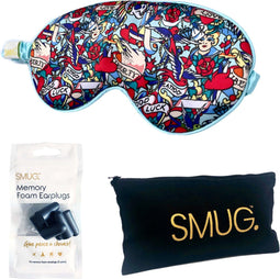 SMUG Slaapmasker met Zwarte Oordopjes en Opbergzakje - 100% Verduisterend - Verstelbaar Oogmasker in Satijn - Tattoo Print