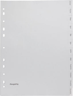 Pergamy tabbladen, ft A4, 23-gaatsperforatie, grijze PP, januari-december