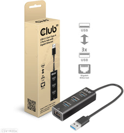Club 3D - USB 3.2 Gen1 Type-A Hub - 3 Poorten met Gigabit Ethernet - Zwart