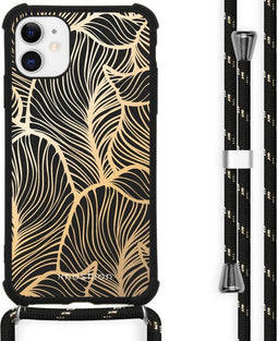 iMoshion iPhone 11 - Hoesje met Koord - Verstelbaar Koord Goud/Zwart Golden Leaves