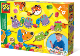 SES - Dieren rijgen met kralen - Montessori Speelgoed - met duurzame houten onderdelen - grote kralen - 4 kleuren veters - Sensorisch speelgoed