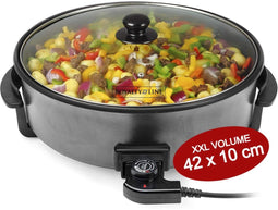 Royalty Line® PP18214 Elektrische Hapjespan met Deksel - Ø42cm Partypan XXL - 1500W Elektrische Pan Men Antiaanbaklaag - Snackpan Met Regelbare Warmteniveaus - Zwart