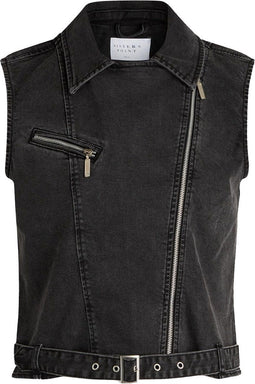 SISTERS POINT Owi-ve - Denim gilet - Slim fit met kraag en ceintuur - Zwart