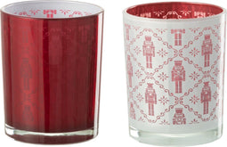 J-Line windlicht Notenkraker - glas - wit/rood - medium - 2 stuks