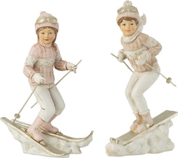 J-Line figuur Meisje & Jongen Skien - polyresin - wit/roze - 2 stuks