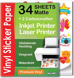 AgoDeo - Matte Vinyl Stickervellen A4 - 34 + 2 bonusvellen - Waterbestendig en scheurvast