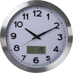 Perel Wandklok, decoratieve wandklok, analoge klok, lcd-display met thermometer, hygrometer en weersvoorspelling, rond, analoog, modern, 35 cm, aluminium, zilvergrijs
