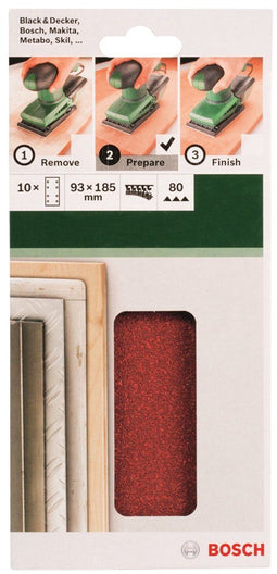 Bosch 10-delige schuurbladset - Vlakschuurmachine - 93 x 185 mm - korrel 80 (10 stuks)