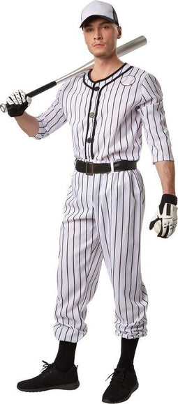 dressforfun - Herenkostuum baseball S - gestreept bovenstuk met baseball-applicatie - zwart/wit