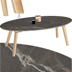 tectake® Acerra - Ovale Salontafel - Marmerlook 100x50x34,5 cm - naturel