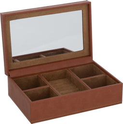 J-Line juwelendoos 5 Compartimenten + spiegel - kunstleder - cognac