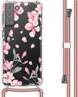 iMoshion Hoesje Geschikt voor Samsung Galaxy S21 FE Hoesje Met Koord - iMoshion Design Hoesje met Koord - Roze / Transparant / Blossom Watercolor