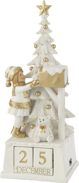 J-Line decoratie Kalender Kerstboom - polyresin - wit/goud - LED lichtjes