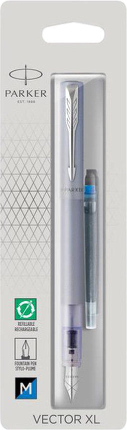 Parker Vector XL vulpen | metallic zilverblauwe lak op messing met chroom detail | medium penpunt met blauwe inkt navulling