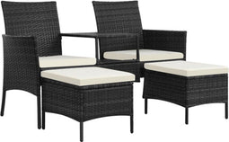 vidaXL - Tuinbank - 2-zits - met - tafeltje - en - krukken - poly - rattan - zwart
