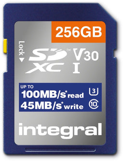 Integral - High Speed SD Card V30 UHS-I U3 - 256GB - tot 100MB/s lezen - 45MB/s schrijven