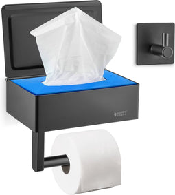 Happy Goods - WC Rolhouder met Plankje en Bakje - Zelfklevend en Boren - Zwart RVS