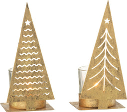 J-Line theelichthouder Kerstboom - metaal - goud - 2 stuks