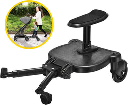 HeppieBabie Meerijdplankje - Met Zitje en Bekerhouder - Universeel voor Kinderwagen of Buggy - Grijs