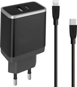 Mobiparts Wall Charger - USB-A/USB-C 2.4A met USB-C naar Lightning Kabel - Zwart
