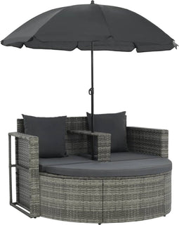 vidaXL - Tuinbank - 2-zits - met - kussens - en - parasol - poly - rattan - grijs