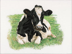 Thea Gouverneur - Borduurpakket met telpatroon - 451 - Voorgesorteerde DMC Garens - Koe (vooraanzicht) - Linnen - 60 cm x 45 cm - DIY Kit