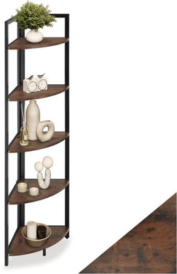 Tectake Hoekkast Castlebar - Staande kast - 5 niveaus - 30 x 30 x 150 cm - Zwart stalen frame (Donkerbruin)