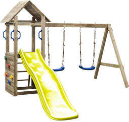 Houten Speeltoestel Maria (SwingKing) | Speeltoren met Glijbaan en Dubbele Schommel voor Buiten in de Tuin | FSC Hout - Glijbaan Geel