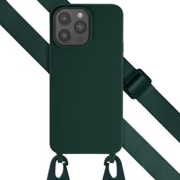 Selencia Hoesje Geschikt voor iPhone 15 Pro Max Hoesje Met Koord - Selencia Siliconen hoesje met afneembaar koord - Donkergroen