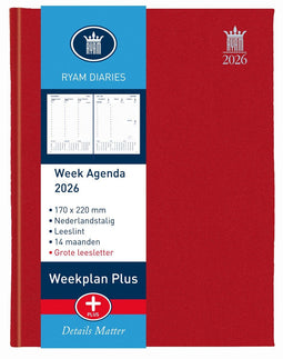 Ryam - Bureau agenda - 14 maanden - 7 dagen per 2 pagina's - Rood (2026)