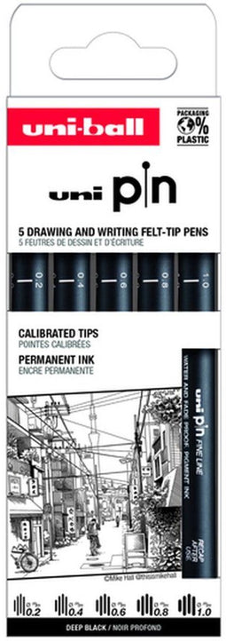 Fineliner uni-ball pin asp009 set à 5 breedtes zw