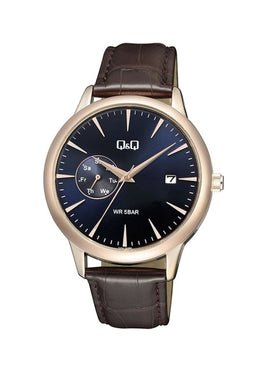 Q&Q A12A-003PY - Horloge - Heren - Mannen - Leren band - Rond - Metaal - Datumaanduiding - Streepjes - Bruin - Rosékleurig - Donkerblauw - 5 ATM