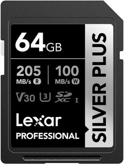 Lexar Professional SILVER PLUS - SDXC UHS-I 64GB - Leessnelheid 205 MB/s Schrijfsnelheid 100 MB/s - Zwart Zilver