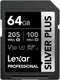 Lexar Professional SILVER PLUS - SDXC UHS-I 64GB - Leessnelheid 205 MB/s Schrijfsnelheid 100 MB/s - Zwart Zilver