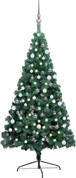 vidaXL - Kunstkerstboom - met - verlichting - en - kerstballen - half - 180 - cm - groen