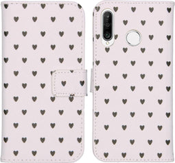 iMoshion Hoesje Geschikt voor Huawei P30 Lite Hoesje Met Pasjeshouder - iMoshion Design Softcase Bookcase - Wit / Zwart / Hearts Allover White