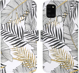 iMoshion Hoesje Geschikt voor Samsung Galaxy A21s Hoesje Met Pasjeshouder - iMoshion Design Softcase Bookcase - Wit / Zwart / Goud / Glamour Botanic