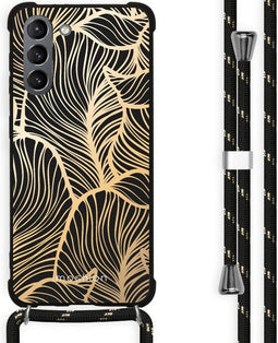 iMoshion Hoesje Geschikt voor Samsung Galaxy S21 Hoesje Met Koord - iMoshion Design Hoesje met Koord - Goud / Zwart / Golden Leaves